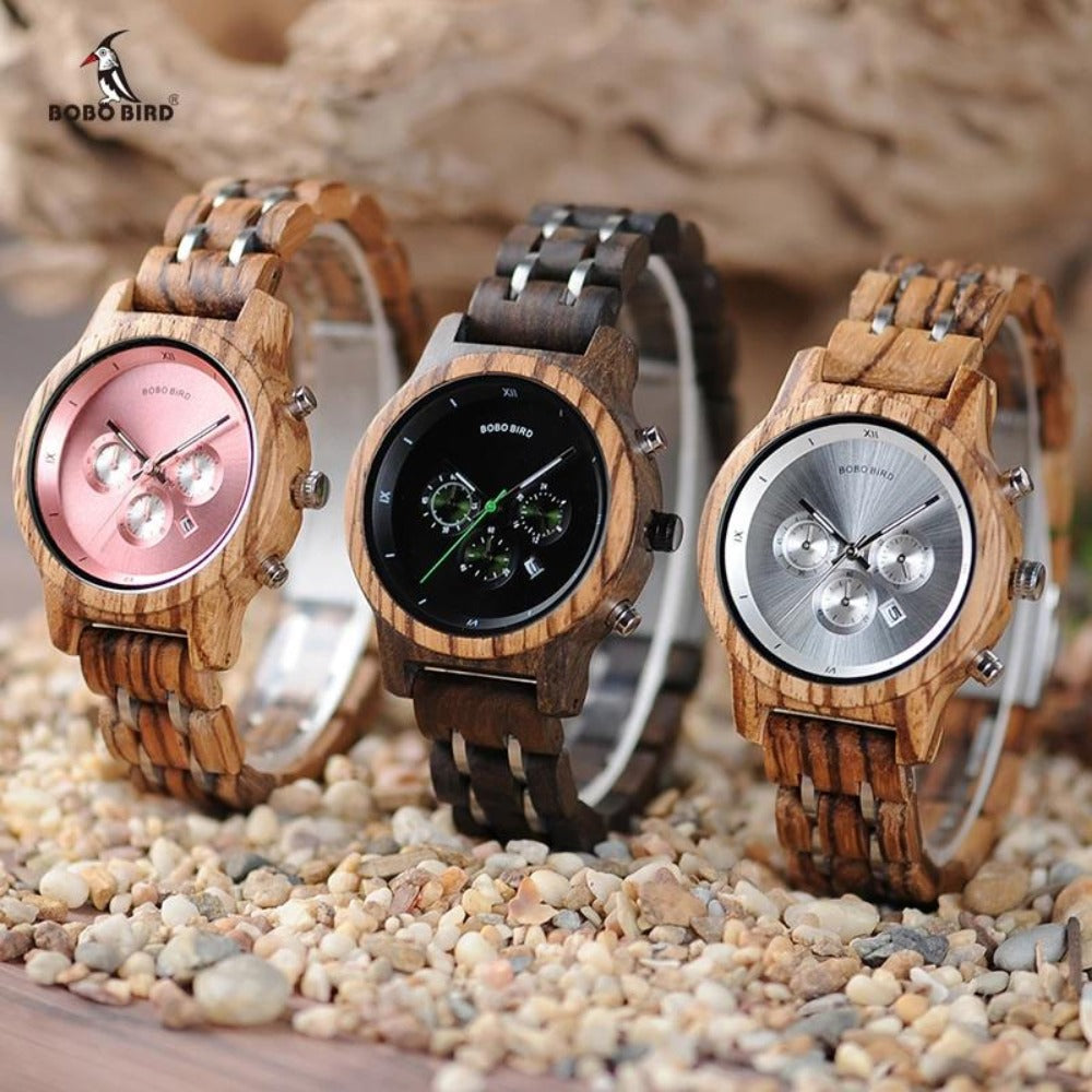 Time For All Kinds Bobo Bird Chronograph Womens Wood Watch To Engrave Black