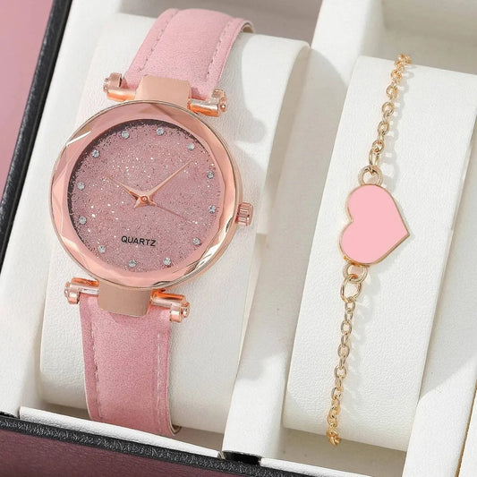 Cute & Simple Zinc Alloy Quartz Watch With Round Rhinestone Dial & Bracelet Set - Pink Heart