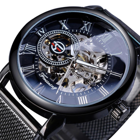 Forsining Mens Skeleton Sport Mechanical Watch Luminous Hands Mesh Band